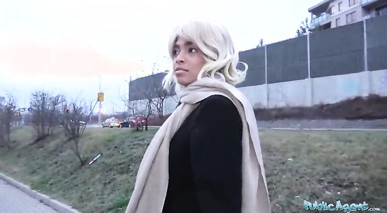 Public Agent Ebony with sexy body blonde hair shaved pussy