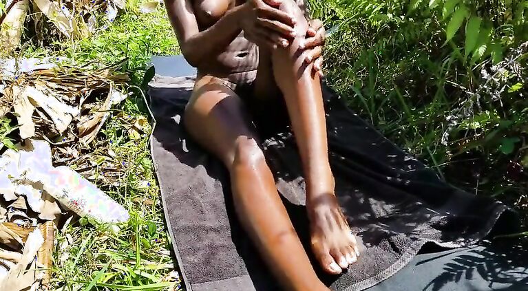 Black Beauty Sun Bathing in Public & Showering Outdoors in Paradise