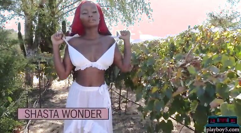 Ebony African big natural tits MILF model Shasta Wonder strips outdoor
