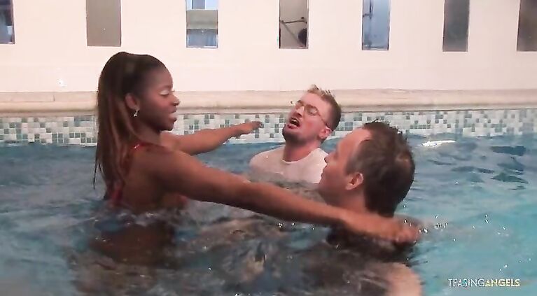 By the pool the ebony milf begs for anal penetration while having an interracial threesome